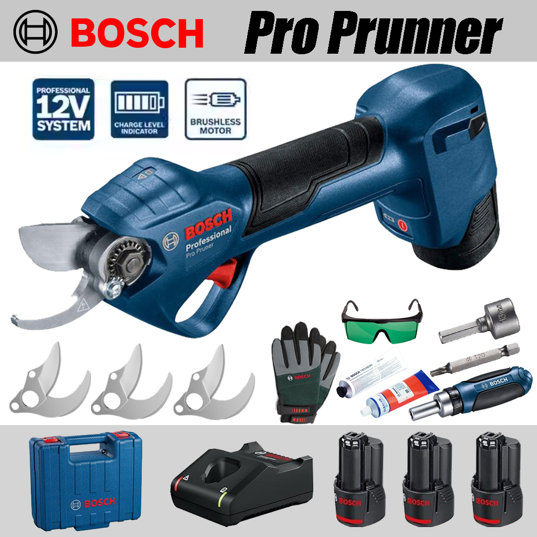 【BOSCH】Genėjimo žirklės *1, ličio jonų baterijos *3, pjovimo galvutės *3, laikymo dėžutė *1, įkroviklis *1